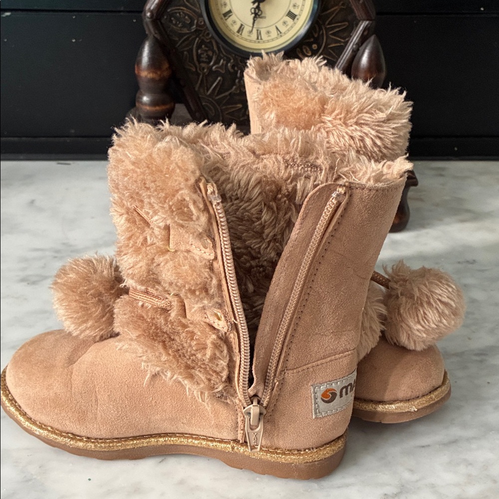 Cozy Tan Kids Boots with Pom Poms - Picture 7 of 11